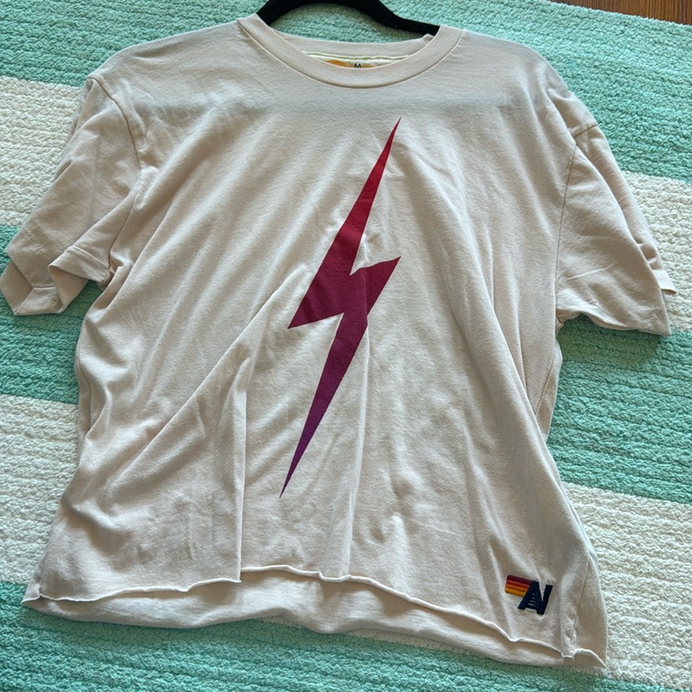 Aviator Nation Cream Tee with Pink Lightning Bolt